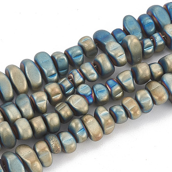 Electroplate Non-magnetic Synthetic Hematite Beads Strands, Matte Style, Chips, Green Plated, 5~10x4.5~5.5x4mm, Hole: 1mm, about 105pcs/strand, 14.9 inch