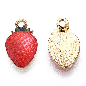 Printed Alloy Pendants, Lead Free & Cadmium Free & Nickel Free, Strawberry Charm, Light Gold, Red, 17x10.5x2.5mm, Hole: 1.8mm