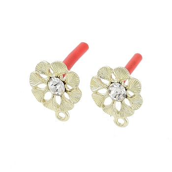 Rack Plating Golden Alloy with Rhinestone Stud Earring Findings, with Loops and 304 Stainless Steel Pins, Cadmium Free & Nickel Free & Lead Free, Flower, 17x14mm, Hole: 1.6mm, Pin: 0.7x10mm