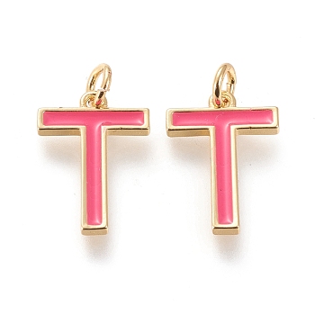 Brass Enamel Pendants, with Jump Ring, Long-Lasting Plated, Real 18K Gold Plated, Letter.T, Hot Pink, Letter.T, T: 17x12x1.8mm, Jump Rings: Inner Diameter: 3mm