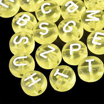Transparent Acrylic Beads, Horizontal Hole, Mixed Letters, Flat Round, Yellow, 7x4mm, Hole: 1.5mm, about 370pcs/50g