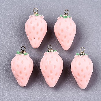 Resin Pendants, with Golden Plated Brass Peg Bails, Strawberry, Pink, 20~21x11x11mm, Hole: 1.5mm
