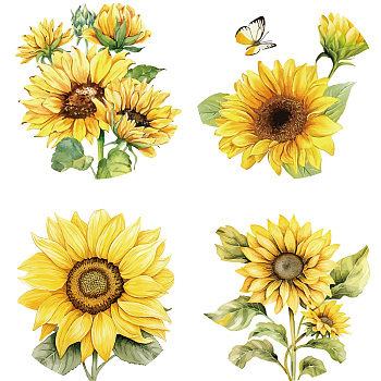 PVC Window Static Sticker, Flat Round Shape, for Window or Stairway  Home Decoration, Sunflower, 160x160x0.3mm, 4pcs/set