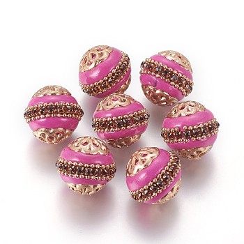 Handmade Indonesia Beads, with Alloy Findings, Round, Light Gold, Hot Pink, 16~17x16~16.5mm, Hole: 1.8mm