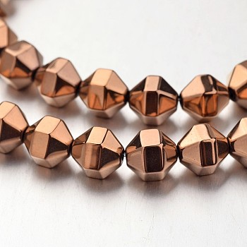 Electroplate Non-magnetic Synthetic Hematite Bead Strands, Polygon, Copper Plated, 8x8mm, Hole: 1mm, about 51pcs/strand, 15.7 inch