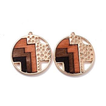 Alloy Pendants, with Dyed Wood, Flat Round with Geometric Pattern, Light Gold, 38x35x2.5mm, Hole: 1.8mm