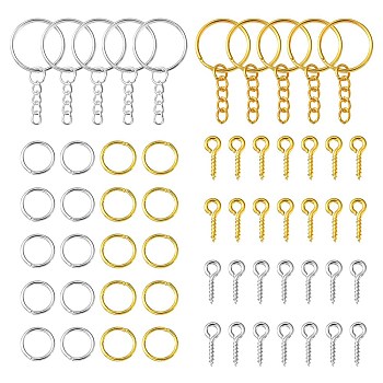 20Pcs 2 Colors Iron Split Key Rings, with Curb Chains and Iron Screw Eye Pin Peg Bails and Jump Rings, Keychain Clasp Findings, Golden & Silver, Split Key Rings: 25x2mm, Inner Diameter: 22mm, 10pcs/color