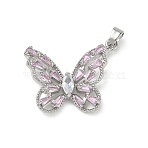 Brass Micro Pave Cubic Zirconia Pendants, Long-Lasting Plated, Butterfly Charms, Platinum, Pearl Pink, 20x25x4.5mm, Hole: 5x2.5mm(KK-A299-21P-02)