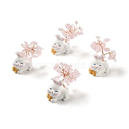 Natural Rose Quartz Tree Display Decorations, Resin Rabbit Base Feng Shui Ornament for Wealth, Luck, Rose Gold, 26x42~49x62~64mm(DJEW-E007-01RC-04)