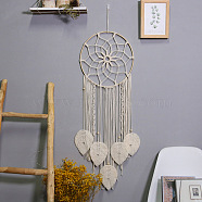 Woven Net/Web with Leaf Macrame Cotton Wall Hanging Decorations, with Wood Ring, for Garden, Wedding, Lighting Ornament, Old Lace, Ring: 300mm(PW23021573459)