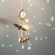 Halloween Bat & Moon Alloy Hanging Ornaments, Star/Heart Glass Tassel Suncatchers for Home Decorations, Golden, 400~600mm(PW-WG17574-02)