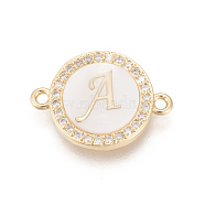 Brass Micro Pave Cubic Zirconia Links, with Shell, Long-Lasting Plated, Lead Free & Cadmium Free & Nickel Free, Real 18K Gold Plated, Flat Round with Letter, Clear, Letter.A, 13.5x18.5x4.5mm, Hole: 1.4mm(ZIRC-L078-006A-NR)