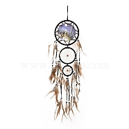Indian Style ABS Woven Web/Net with Feather Pendant Decorations, with Wood and ABS Beads, Covered with Villus and Cotton Cord, Flat Round, Wolf Pattern, 730~743mm(AJEW-B016-04B)