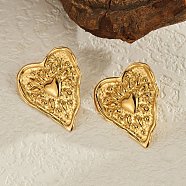 304 Stainless Steel Stud Earrings for Women, Heart with Textured, Real 18K Gold Plated, 33.5x29mm(EJEW-P289-02B-G)