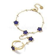 Ion Plating(IP) 304 Stainless Steel Ring Bracelets, Resin Flower Link Chain Bracelet with Open Cuff Rings, Golden, Dark Blue, 6-3/4 inch(17cm)(BJEW-H606-02G-01)