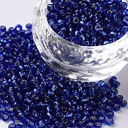8/0 Glass Seed Beads, Silver Lined Round Hole, Round, Blue, 3mm, Hole: 1mm, about 10000 beads/pound(SEED-A005-3mm-28)