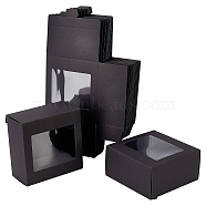 Foldable Creative Kraft Paper Box, Wedding Favor Boxes, Favour Box, Paper Gift Box, with Plastic Clear Window, Rectangle, Black, 12x12x6cm(CON-BK0001-001C)