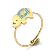 Elephant 304 Stainless Steel Enamel Ring, 316 Surgical Stainless Steel Open Cuff Ring for Women, Real 18K Gold Plated, Deep Sky Blue, Adjustable(RJEW-A038-15G-01)