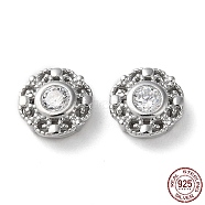 Flat Round Rhodium Plated 925 Sterling Silver Hollow Out Beads, with Cubic Zirconia, Long-Lasting Plated, with S925 Stamp, Platinum, 7.5x3mm, Hole: 4x0.5mm(STER-D005-02P)