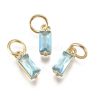 Brass Micro Pave Cubic Zirconia Charms, Long-Lasting Plated, with Jump Ring, Real 18K Gold Plated, Rectangle, Light Sky Blue, 10x3x3mm, Hole: 3mm(ZIRC-F111-03G-08)