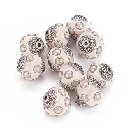 Handmade Indonesia Beads, with Metal Findings, Round, Antique Silver, Old Lace, 14~15x14.5~15mm, Hole: 1.6mm(IPDL-E012-14B)