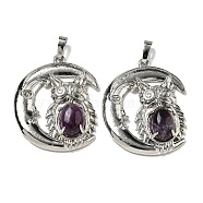 Natural Amethyst Pendants, Owl Charms with Rack Plating Brass Moon, Platinum, Cadmium Free & Lead Free, 38.5x31.5x8mm, Hole: 8x5mm(G-M434-03P-20)