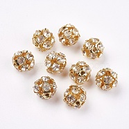 Brass Clear Rhinestone Beads, Grade B, Round, Golden, 10mm(X-RB-A017-10mm-G)