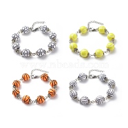 Sport Ball Theme Acrylic Round Beaded Bracelet, 304 Stainless Steel Jewelry for Men Women, Platinum, Mixed Color, 7-1/4 inch(18.5cm)(BJEW-JB08660)