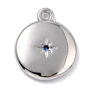 Brass Micro Pave Cubic Zirconia Charms, Long-Lasting Plated, Flat Round with Star, Royal Blue, 12x10x2mm, Hole: 1.2mm(ZIRC-I054-13P-05)