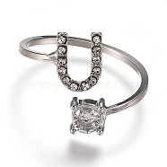 Alloy Cuff Rings, Open Rings, with Crystal Rhinestone, Platinum, Letter.U, US Size 7 1/4(17.5mm)(RJEW-I075-01P-U)