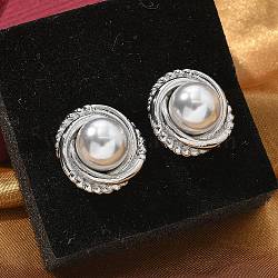 Brass Stud Earrings, with ABS Imitation Pearl, Lead Free & Cadmium Free, Long-Lasting Plated, Rack Plating, Half Round, Platinum, 17x17mm(EJEW-R016-18P)