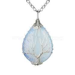 Opalite Teardrop Pendant Necklace, Platinum Copper Wire Wrap Necklace, 20.47 inch(52cm)(PW-WG91066-07)