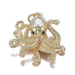 Brass Micro Clear & Black Cubic Zirconia Pendants, Long-Lasting Plated, Octopus Shape, Real 18K Gold Plated, 22x21x7mm, Hole: 3.6mm(ZIRC-F120-067G)