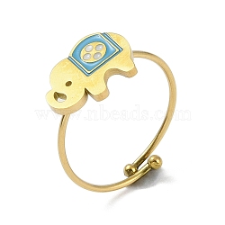 Ion Plating(IP) Elephant 304 Stainless Steel Enamel Ring, 316 Surgical Stainless Steel Open Cuff Ring for Women, Real 18K Gold Plated, Deep Sky Blue, Adjustable(RJEW-A038-15G-01)