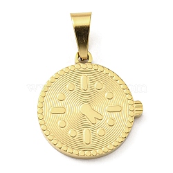 Ion Plating(IP) 316L Surgical Stainless Steel Pendants, Textured, Flat Round with Clock Charm, Real 18K Gold Plated, 16x15x1.5mm, Hole: 6X3.5mm(STAS-M317-07G)