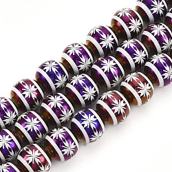 Electroplate Glass Beads, Round with Flower Pattern, Purple, 10x9.5mm, Hole: 1.2mm, about 30pcs/strand, 11.2 inch(EGLA-S172-01A)