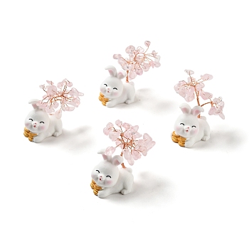 Natural Rose Quartz Tree Display Decorations, Resin Rabbit Base Feng Shui Ornament for Wealth, Luck, Rose Gold, 26x42~49x62~64mm
