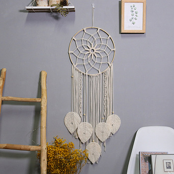 Woven Net/Web with Leaf Macrame Cotton Wall Hanging Decorations, with Wood Ring, for Garden, Wedding, Lighting Ornament, Old Lace, Ring: 300mm