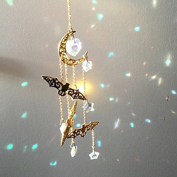 Halloween Bat & Moon Alloy Hanging Ornaments, Star/Heart Glass Tassel Suncatchers for Home Decorations, Golden, 400~600mm