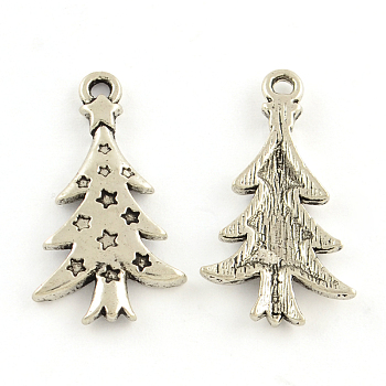 Tibetan Style Christmas Tree Alloy Pendants, Cadmium Free & Lead Free, Antique Silver, 26.5x14x2mm, Hole: 2mm, about 869pcs/1000g
