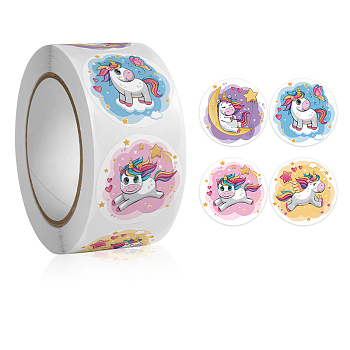 4 Patterns Cartoon Stickers Roll, Round Dot Paper Adhesive Labels, Decorative Sealing Stickers for Gifts, Party, Horse, 25mm, 500pcs/roll