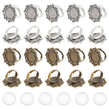 DIY Blank Dome Ring Making Kit, Including Flower Adjustable Zinc Alloy Bezel Cup Ring Settings, Glass Cabochons, Mixed Color, 24Pcs/box