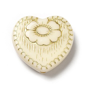 Plating Acrylic Beads, Golden Metal Enlaced, Heart with Flower Pattern, Old Lace, 17x18x6mm, Hole: 1.6mm, about 388pcs/500g