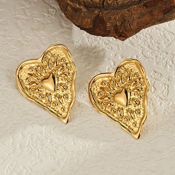 304 Stainless Steel Stud Earrings for Women, Heart with Textured, Real 18K Gold Plated, 33.5x29mm