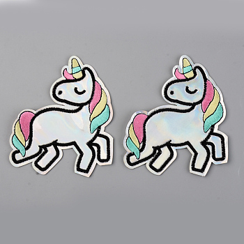 Computerized Embroidery Laser Shining Cloth Iron on/Sew on Patches, Appliques, Costume Accessories, Unicorn, Colorful, 100x85x1.5mm