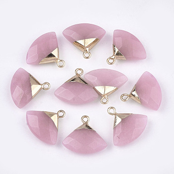 Electroplate Natural White Jade Pendants, with Brass Findings, Faceted, Triangle, Dyed, Golden, Pink, 17~18x19~20x6~7mm, Hole: 1.8mm