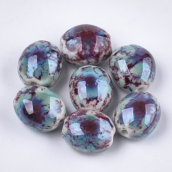 Handmade Porcelain Beads, Fancy Antique Glazed Porcelain, Oval, Colorful, 20~21x17.5~18x12~13mm, Hole: 2.5~3mm