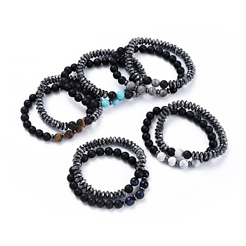 Natural Mixed Stone Beads Stretch Bracelet Sets, with Non-magnetic Synthetic Hematite Beads, Natural Black Agate(Dyed) Beads and Burlap Drawstring Bags, 1-7/8 inch~2 inch(4.8~5.1cm), 2pcs/set