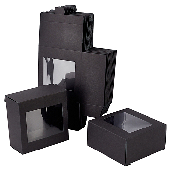 Foldable Creative Kraft Paper Box, Wedding Favor Boxes, Favour Box, Paper Gift Box, with Plastic Clear Window, Rectangle, Black, 12x12x6cm