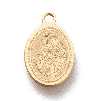 Ion Plating(IP) 304 Stainless Steel Charms, Laser Cut, Oval with Virgin Mary & Divine Child, Golden, 14.5x9x0.5mm, Hole: 1.2mm